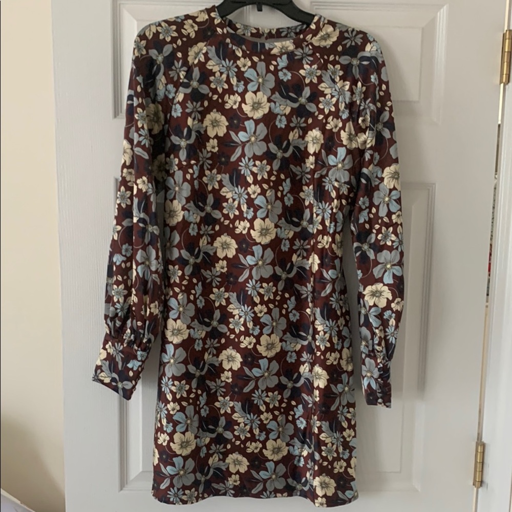 Brown, Blues, and Cream toned Sheath Dress with Bishop Sleeves Sz 12